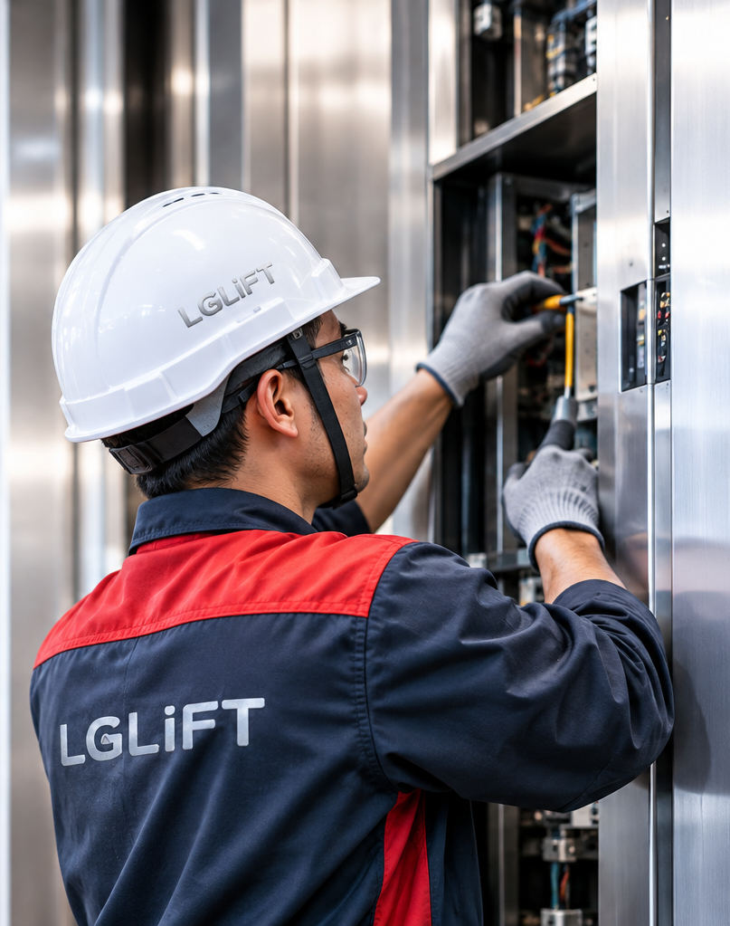 Teknisi melakukan perawatan dan pemeriksaan lift